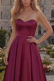 Sweetheart A Line Burgundy Satin Long Prom Dress
