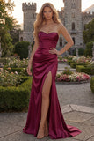 Burgundy Mermaid Strapless Long Satin Prom Dress with Slit
