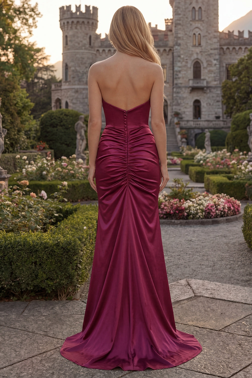maroon satin prom dress V Neck Sleeveless Plum Satin Long Train Prom Dress