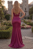Burgundy Mermaid Spaghetti Straps Ruched Long Prom Dress with Slit