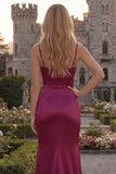 Burgundy Mermaid Spaghetti Straps Ruched Long Prom Dress with Slit
