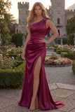 Burgundy One Shoulder Ruched Long Mermaid Prom Dress with Slit