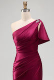 One Shoulder Burgundy Ruched Satin Mermaid Rhinestone Maxi Formal Dress with Side Slit