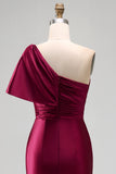 One Shoulder Burgundy Ruched Satin Mermaid Rhinestone Maxi Formal Dress with Side Slit