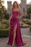 Strapless Burgundy Mermaid Corset Long Satin Prom Dress with Slit