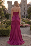 Strapless Burgundy Mermaid Corset Long Satin Prom Dress with Slit