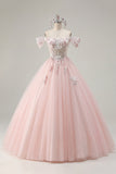 Off the Shoulder Pink Appliqued Ball Gown Quinceanera Dress