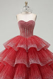 Tiered Ball Gown Strapless Red Beaded Quinceanera Dress