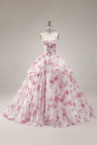 Ball Gown Strapless White Fuchsia Floral Quinceanera Dress