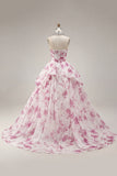 Ball Gown Strapless White Fuchsia Floral Quinceanera Dress