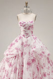 Ball Gown Strapless White Fuchsia Floral Quinceanera Dress