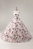 Ball Gown Strapless Corset White Red Floral Quinceanera Dress