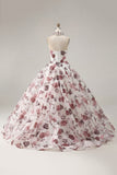 Ball Gown Strapless Corset White Red Floral Quinceanera Dress