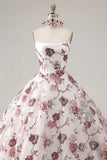 Ball Gown Strapless Corset White Red Floral Quinceanera Dress