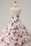 Ball Gown Strapless Corset White Red Floral Quinceanera Dress