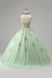 Ball Gown Strapless Corset Green Appliqued Quinceanera Dress
