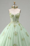 Ball Gown Strapless Corset Green Appliqued Quinceanera Dress