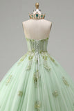 Ball Gown Strapless Corset Green Appliqued Quinceanera Dress