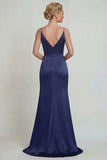 Navy Satin Spaghetti Straps Appliqued Mother of the Bride Dress with Slit
