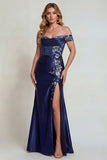 Navy Off the Shoulder Satin Appliqued Mother of the Bride Dress with Slit