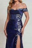 Navy Off the Shoulder Satin Appliqued Mother of the Bride Dress with Slit