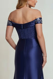 Navy Off the Shoulder Satin Appliqued Mother of the Bride Dress with Slit