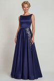 Navy Boat Neck A Line Satin Mother of the Bride Dress with Appliques