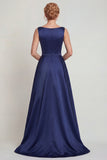 Navy Boat Neck A Line Satin Mother of the Bride Dress with Appliques