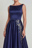 Navy Boat Neck A Line Satin Mother of the Bride Dress with Appliques