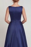 Navy Boat Neck A Line Satin Mother of the Bride Dress with Appliques