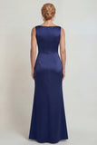 Navy Boat Neck Satin Long Mermaid Mother of the Bride Dress with Appliques
