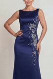 Navy Boat Neck Satin Long Mermaid Mother of the Bride Dress with Appliques