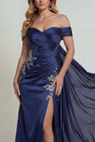 Navy Off the Shoulder Corset Appliqued Mermaid Mother of the Bride Dress with Slit