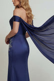 Navy Off the Shoulder Corset Appliqued Mermaid Mother of the Bride Dress with Slit
