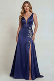 Navy V Neck Appliqued A Line Satin Mother of the Bride Dress with Slit