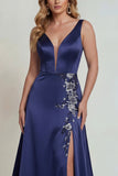 Navy V Neck Appliqued A Line Satin Mother of the Bride Dress with Slit