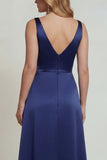 Navy V Neck Appliqued A Line Satin Mother of the Bride Dress with Slit