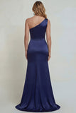 Navy One Shoulder Appliqued Mermaid Satin Mother of the Bride Dress with Slit