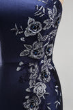 One Shoulder Navy Satin Embroidery Mermaid Maxi Mother of the Bride Dress