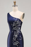 One Shoulder Navy Satin Embroidery Mermaid Maxi Mother of the Bride Dress