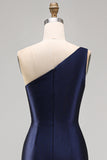 One Shoulder Navy Satin Embroidery Mermaid Maxi Mother of the Bride Dress