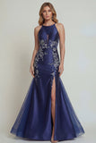 Navy Appliqued Halter Mermaid Satin Mother of the Bride Dress with Slit