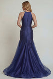Navy Appliqued Halter Mermaid Satin Mother of the Bride Dress with Slit