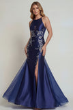 Navy Appliqued Halter Mermaid Satin Mother of the Bride Dress with Slit