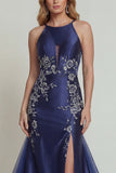 Navy Appliqued Halter Mermaid Satin Mother of the Bride Dress with Slit