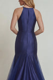 Navy Appliqued Halter Mermaid Satin Mother of the Bride Dress with Slit