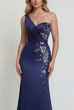 Navy One Shoulder Mermaid Satin Mother of the Bride Dress with Appliques