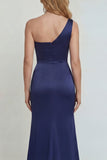 Navy One Shoulder Mermaid Satin Mother of the Bride Dress with Appliques