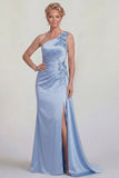 Blue Mermaid One Shoulder Appliqued Satin Mother of the Bride Dress with Slit
