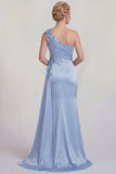 Blue Mermaid One Shoulder Appliqued Satin Mother of the Bride Dress with Slit